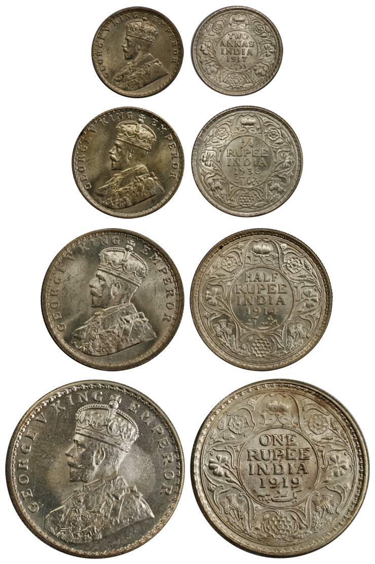 George V, Silver (4), Set of 4: Rupee, ½ and ¼ Rupee, and 2 Annas, 1919, 1914, 1936 and 19