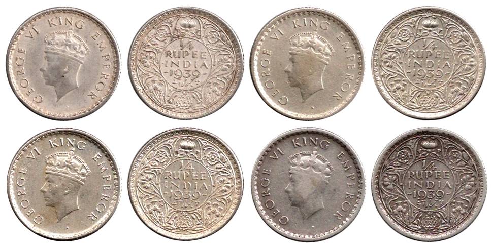 George VI, Silver (7), ¼ Rupee, 1939. Very Fine to Extremely Fine, Scarce. 7 coins