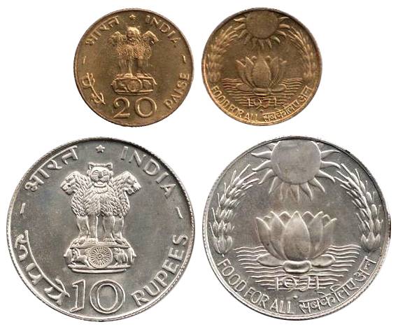 1971, UNC loose coins of 10 Rupees and 20 Paise, FAO Issue. Without case, Rare.