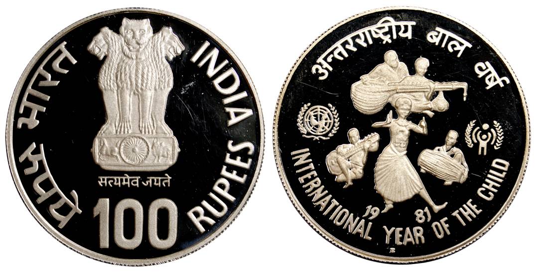 Proof, 100 Rupees, 1981, International Year of the Child, Silver, 29.49 g, Bombay Mint wit