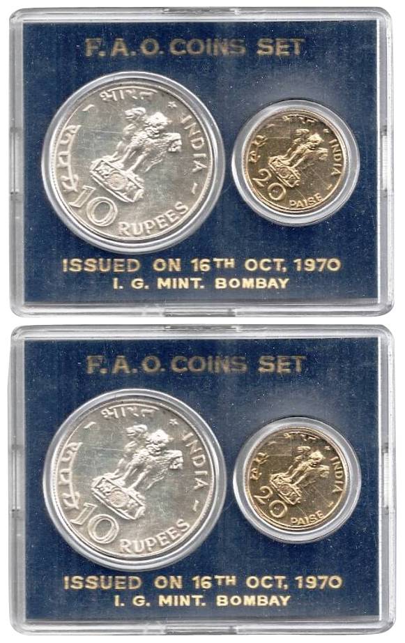 UNC Set of 1970, 2 coin Set, 10 Rupees and 20 Paise, Food For All, Bombay Mint (RB# 24), S