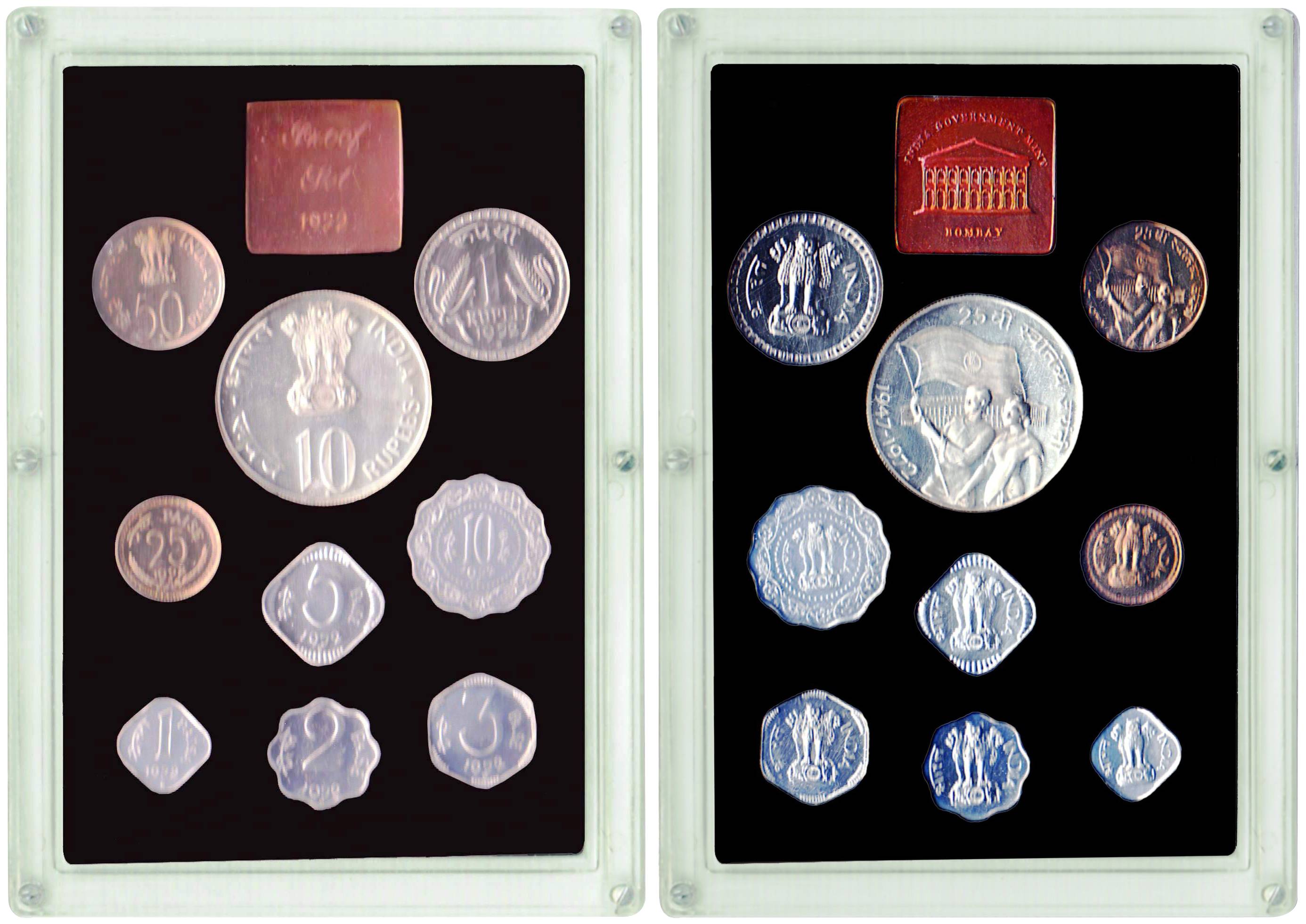 Proof Set of 1972, 9 coin Set, 25th Anniversary of Independence, Bombay Mint, With box and