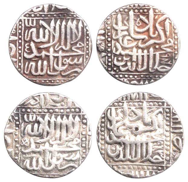 Akbar, Silver (2), Rupee, Ahmedabad Mint, AH 983, 986 (KM 80.2). Obv and rev in square bor