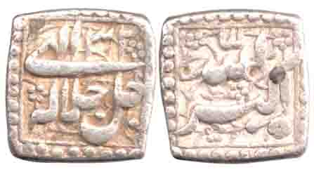 Akbar, Silver, Rupee, mintless type, Allahu Akbar on obv, jale jallahu Ilahi 32 on rev (KM