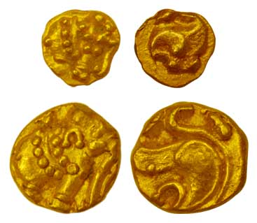 Gangas, Gold (2), 0.4 and 0.1 g, Fanam and ¼ Fanam, Elephant type with an ornate elephant 