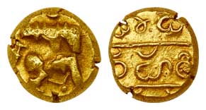 Vijayanagara Empire, Bukkaraya I, Gold, 3.39 g, Pagoda, a running warrior to right on obv,