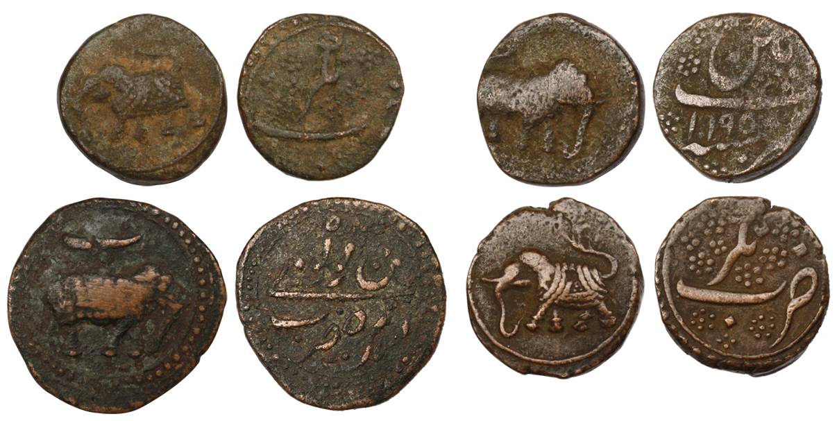 Tipu Sultan, Copper (8), Paisa, Patan Mint (6), and Nagar Mint (2), various types and date