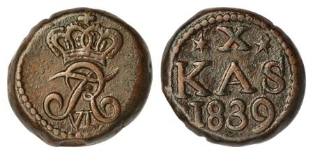 Frederic VI, 10 Cash, Copper, 6.30 g, royal crown and initials on obv, X / KAS / 1839 on r