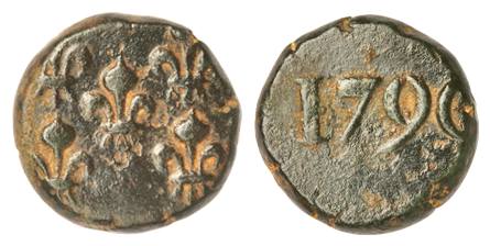 Biche, Copper, Mahe Mint, 5 fleur-de-lis on obv, date on rev, 1790 (KM 65). About Extremel