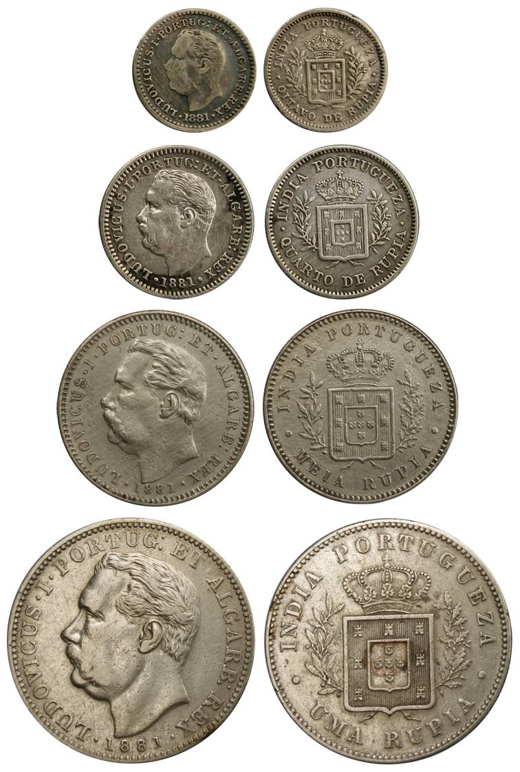 Luiz, Silver (4), Set of 4: Rupee, ½, ¼ and 1/8 Rupia, 1881, milled. Very Fine to About UN