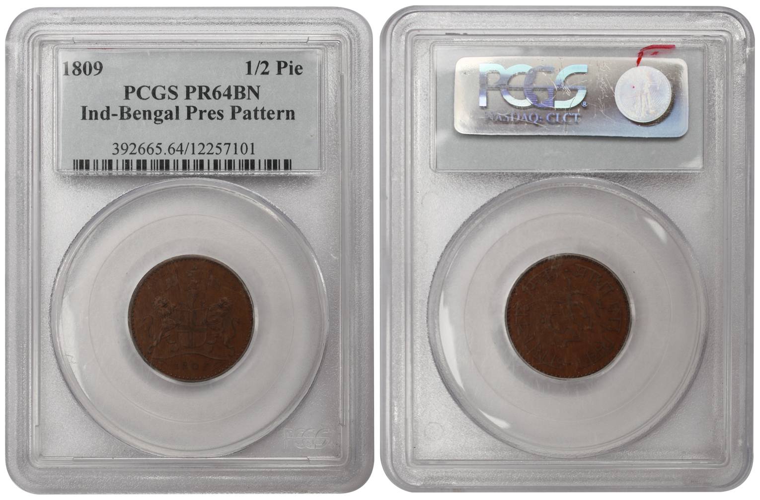 Copper, Pattern ½ Pice, 1809, Arms of the Company on obv, legend on rev, KM# Pn22, Prid# 3