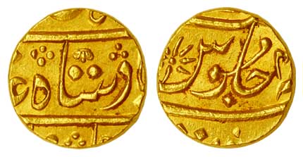 Bombay Mohur, Gold, 11.65 g, in the name of Shah Alam II, Surat Mint (partly visible), RY 