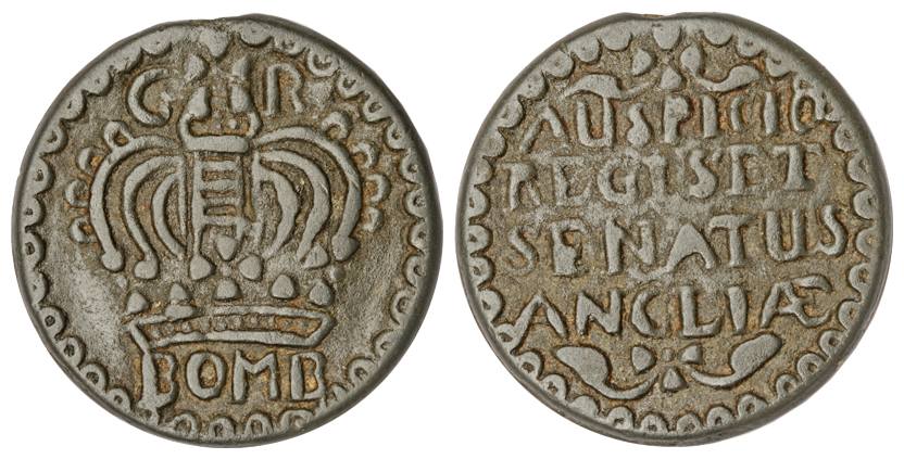 Tin, 13.89 g, Pice, Crown and BOMB on obv, Latin legend on rev. About Extremely Fine for t