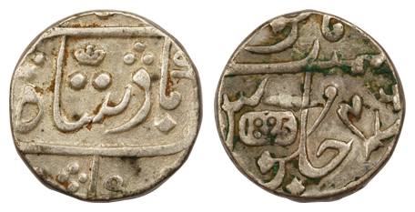 Silver, 1825 Rupee, in the name of Shah Alam II, Surat Mint, RY 46, 1825 inscribed in a ta