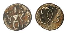 Silver, 0.57 g, ½ Fanam, complete depiction of Lord Balaji Tirupati on obv, initials CC on