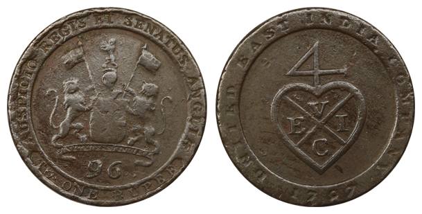 Copper, 1/96 Rupee (1/2 Dub), 1797, Soho Birmingham Mint, inscribed edge, Bale mark on obv
