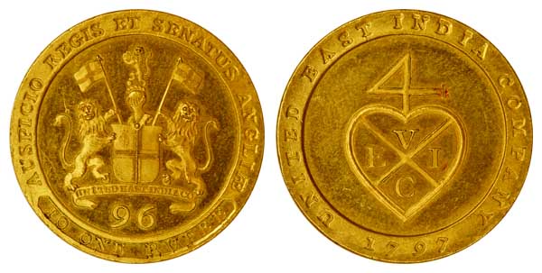 Gold Guilt on Copper, Proof 1/96 Rupee (1/2 Dub), 1797, Soho Mint, Bale mark on obv, Arms 