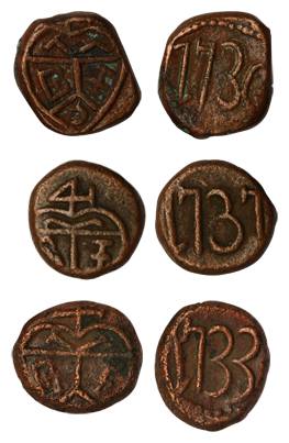Copper (3), Cash, bale mark on obv, date on rev, 1733, 1736 and 1737, Calicut Mint (KM 203