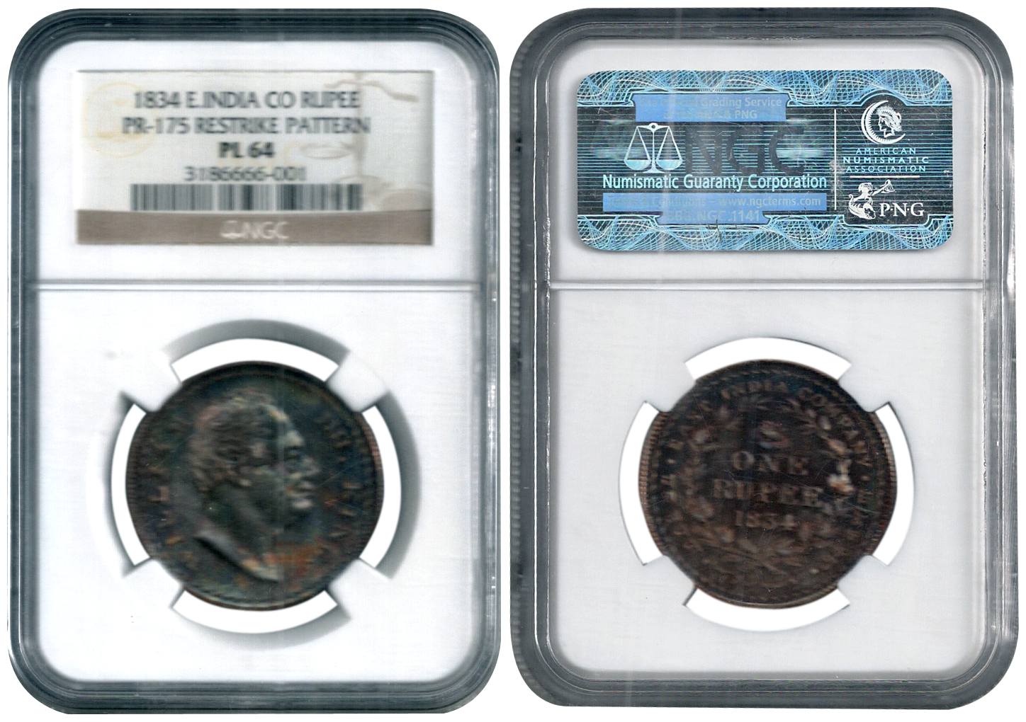 William IV, Silver, Pattern Rupee, 1834. Graded and slabbed by the NGC as PL64 (Prid# 175)