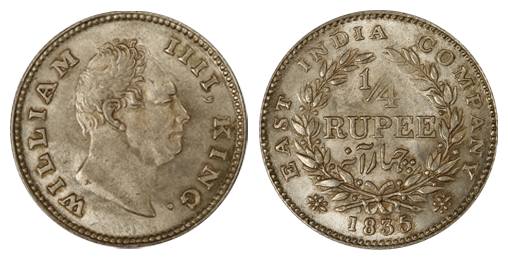 William IV, Silver, ¼ Rupee, 1835, F incused. Extremely Fine, Rare