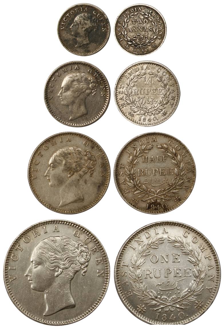 Victoria Queen, Silver (4), Set of 4: Rupee, ½ & ¼ Rupee and 2 Annas, Continous Legend typ