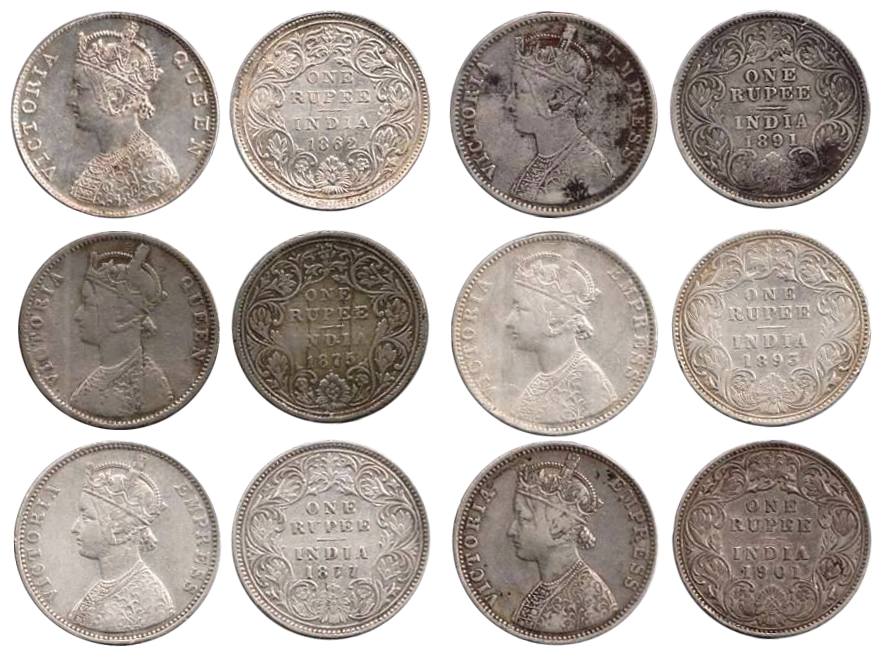 Victoria Queen, Silver (6), Rupee, 1862 (B/II, 0/0 Dots); 1875 (A/II, 0/1 Dot); 1877 (A/I,