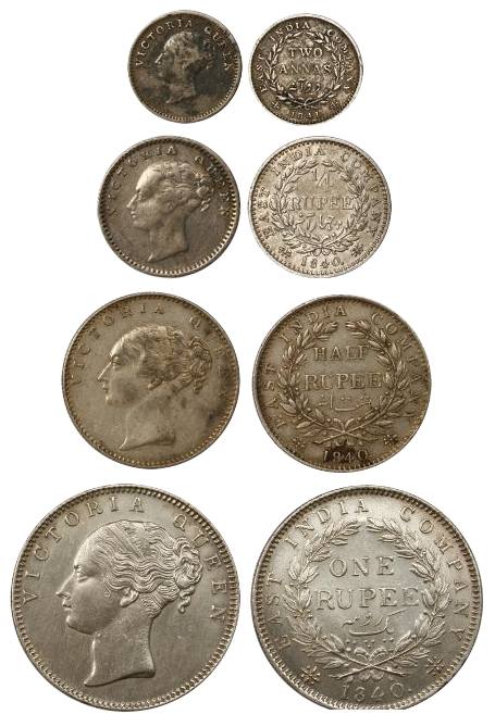Victoria Queen, Silver (4), Set of 4: Rupee, ½ and ¼ Rupee, 2 Annas, Divided legend type, 