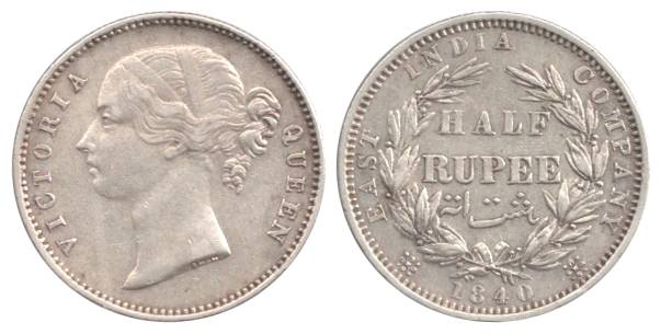 Victoria Queen, Silver, ½ Rupee, 1840, Divided legend, Madras Mint, B Raised and WW incuse