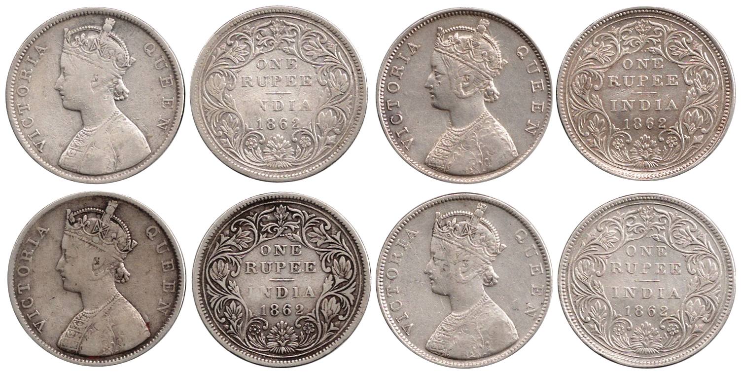 Victoria Queen, Silver (4), Rupee, 1862, B/II, 2/0 Dots. The position and size of dots are