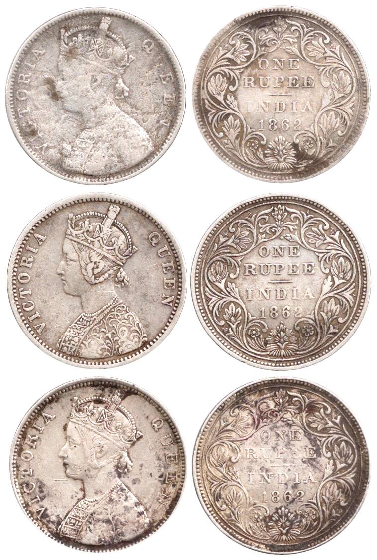 Victoria Queen, Silver (6), Rupee, 1862. Various combinations of dots. Fine+ to Very Fine.