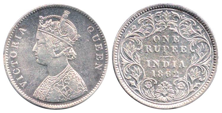Victoria Queen, Silver, Rupee, 1862, A/III type. Very Fine, Rare.