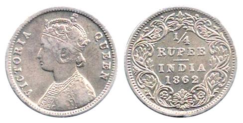 Victoria Queen, Silver, ¼ Rupee, 1862, 20 mm, Madras Mint. About Extremely Fine, Scarce