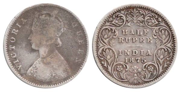 Victoria Queen, Silver, ½ Rupee, 1875. Very Fine, Scarce