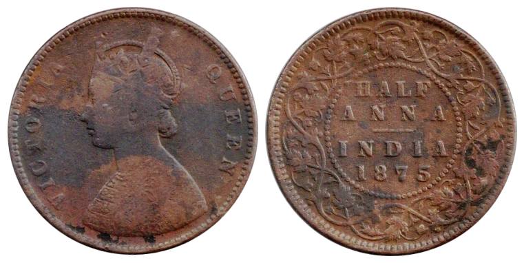 Victoria Queen, Copper, ½ Anna, 1875. About Very Fine, Very Rare