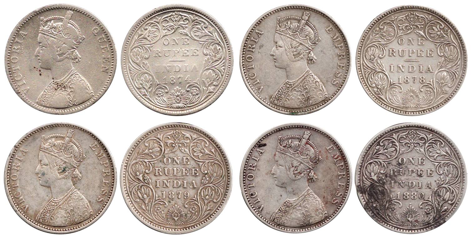 Victoria Empress, Silver (9), Rupee, 1874 (A/II), 1876 (A/I), 1877 (A/II Dot), 1878 (A/II 