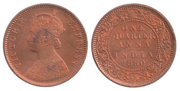 Victoria Empress, Copper, ¼ Anna, 1880. UNC, Rare