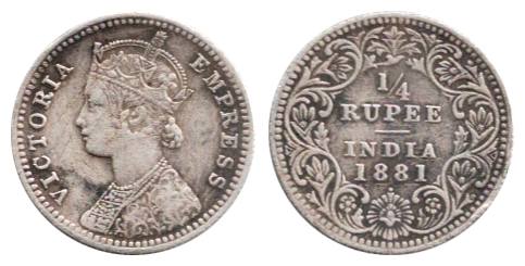 Victoria Empress, Silver, ¼ Rupee, 1881, dot below date. Very Fine, Scarce