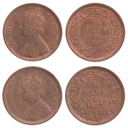 Victoria Empress, Copper (2), ½ Pice, 1887 and 1894. About UNC, Scarce. 2 coins