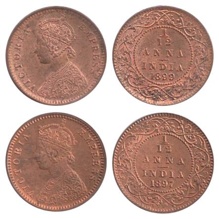 Victoria Empress, Copper (2), 1/12 Anna, 1897 and 1899. UNC, Scarce. 2 coins