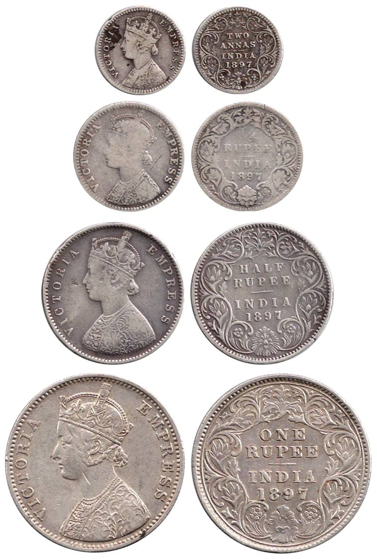 Victoria Empress, Silver (4), Set of 4: Rupee, ½ and ¼ Rupee, and 2 Annas, 1897, Calcutta,