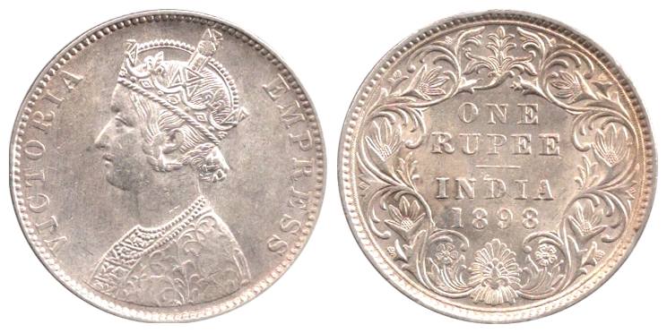 Victoria Empress, Silver, Rupee, 1898, Bombay Mint with B incused, C / I. About Extremely 