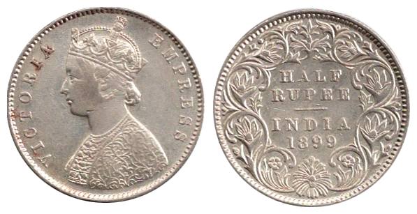 Victoria Empress, Silver, ½ Rupee, 1899, Calcutta Mint. About UNC, Scarce.