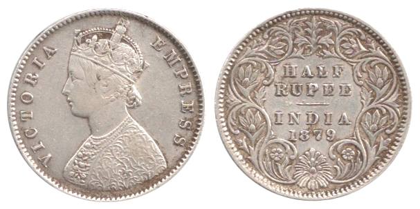 Victoria Empress, Silver, ½ Rupee, 1879, Calcutta Mint, C Incused. Very Fine, Rare