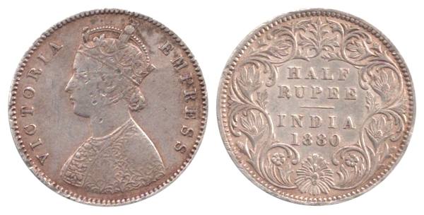Victoria Empress, Silver, ½ Rupee, 1880, Calcutta Mint, C Incused. Fine+, Extremely Rare