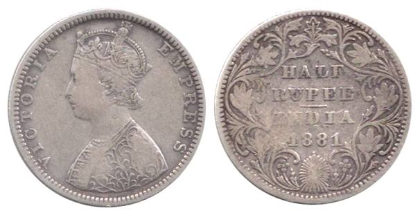 Victoria Empress, Silver, ½ Rupee, 1881, Dot, Bombay Mint. About Very Fine, Very Rare.