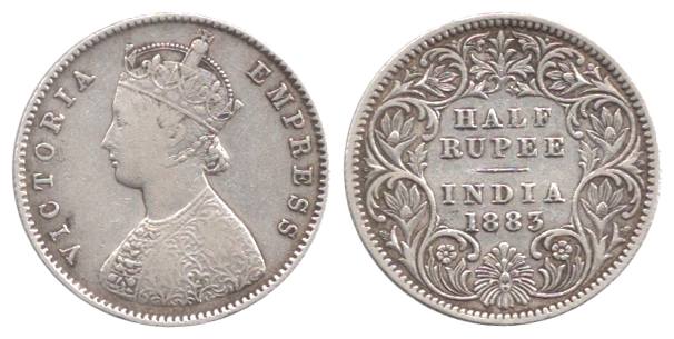 Victoria Empress, Silver, ½ Rupee, 1883, Calcutta Mint, C Incused. About Fine, Very Rare.