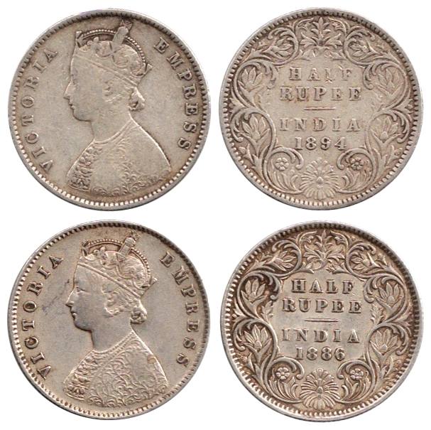 Victoria Empress, Silver (2), ½ Rupee, 1886, Calcutta Mint and 1894, Bombay Mint. Fine+ to