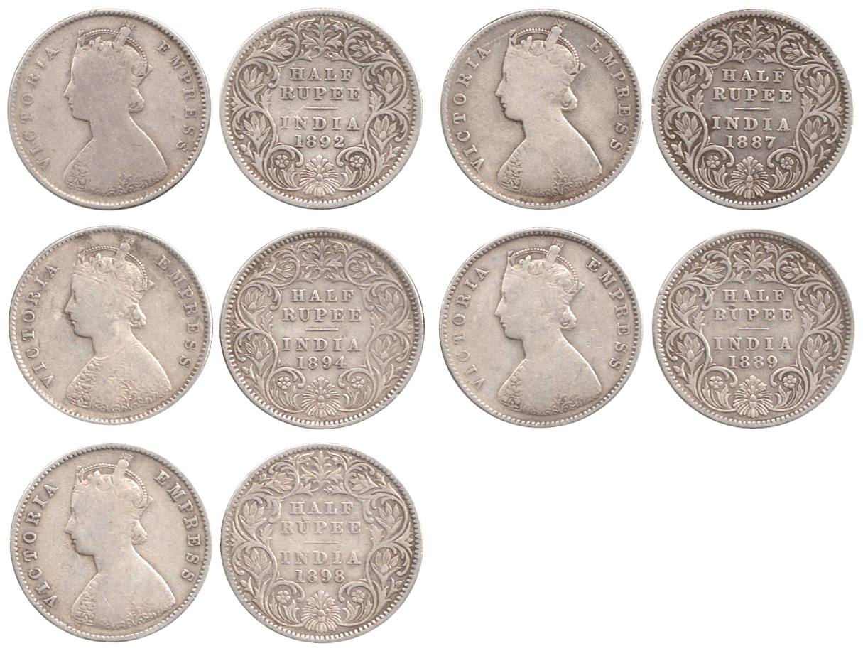 Victoria Empress, Silver (5), ½ Rupee, 1887, 1889, 1892, 1894 and 1898, Calcutta Mint. Fin