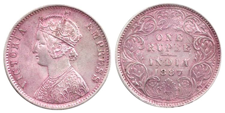 Victoria Empress, Silver, Rupee, 1887, Calcutta Mint. Slight Ghost image of the bust on re