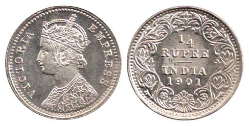Victoria Empress, Silver, ¼ Rupee, 1901. UNC with luster, Scarce